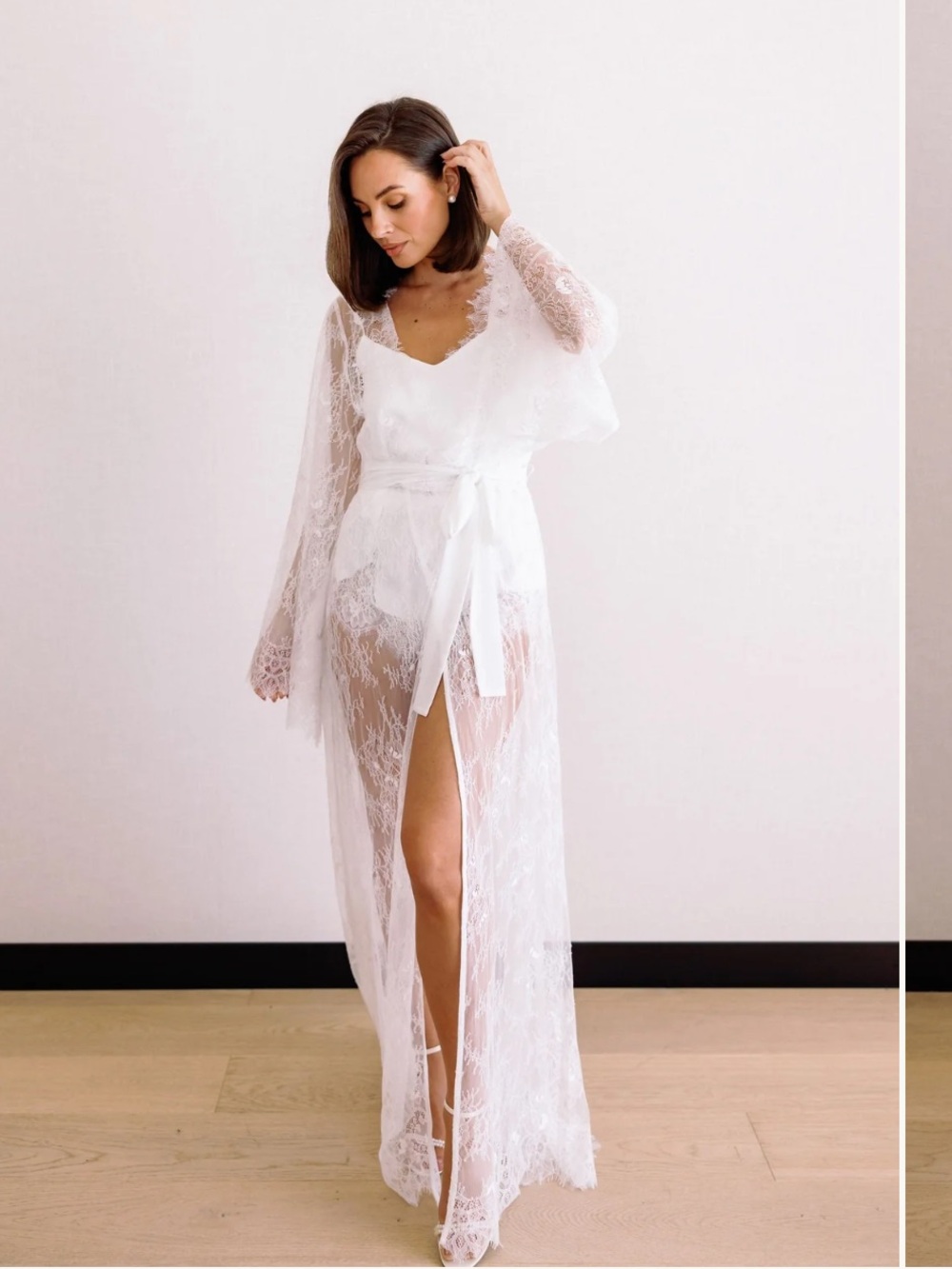 Sheer White Lace Bridal Robe with Tie Belt